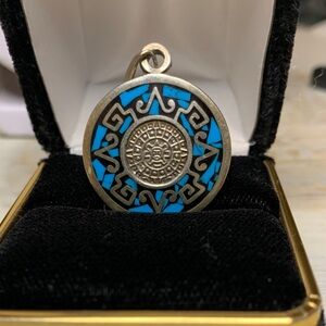 Mexico Sterling Silver Turquoise Enamel Chip Inlay Calendar Pendant Stamped 925
